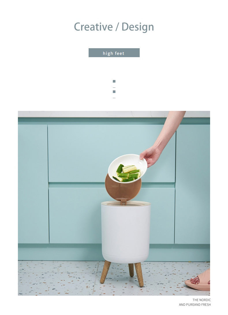 Round Luxury Wood Grain Top Waste Bin 7L