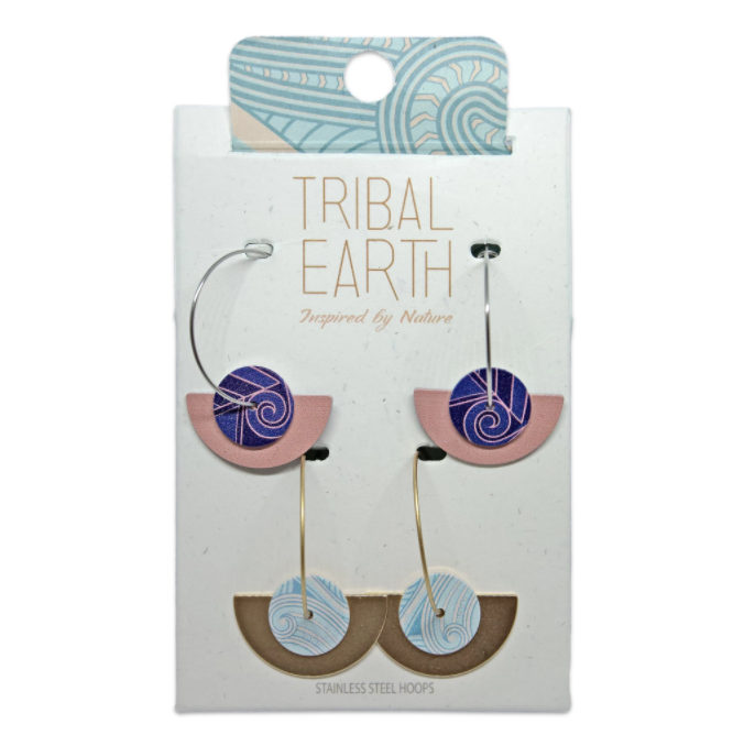 Fan Hoop Drop Earring Set, S/Steel Studs, Tribal Earth