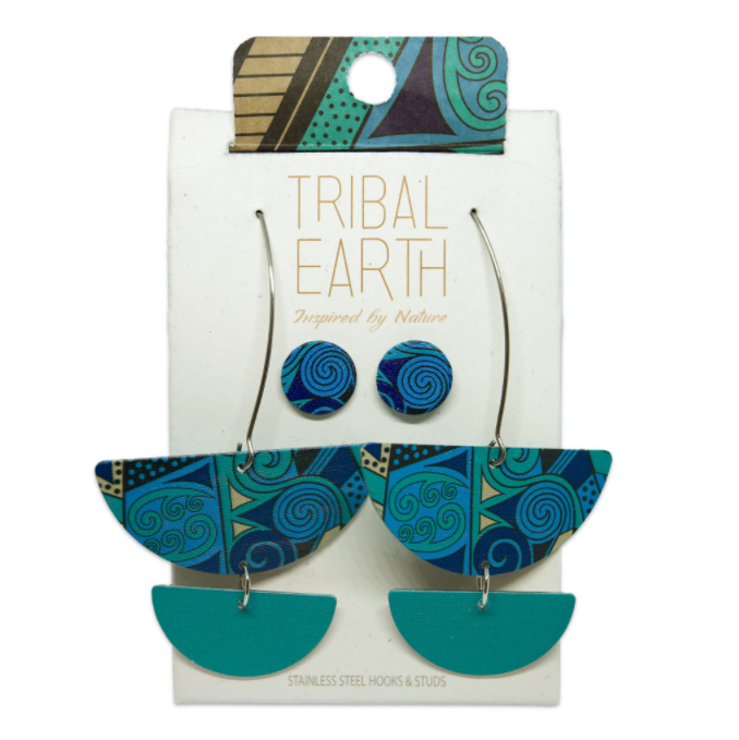 Koru Drop Earring Set, S/Steel Studs, Tribal Earth