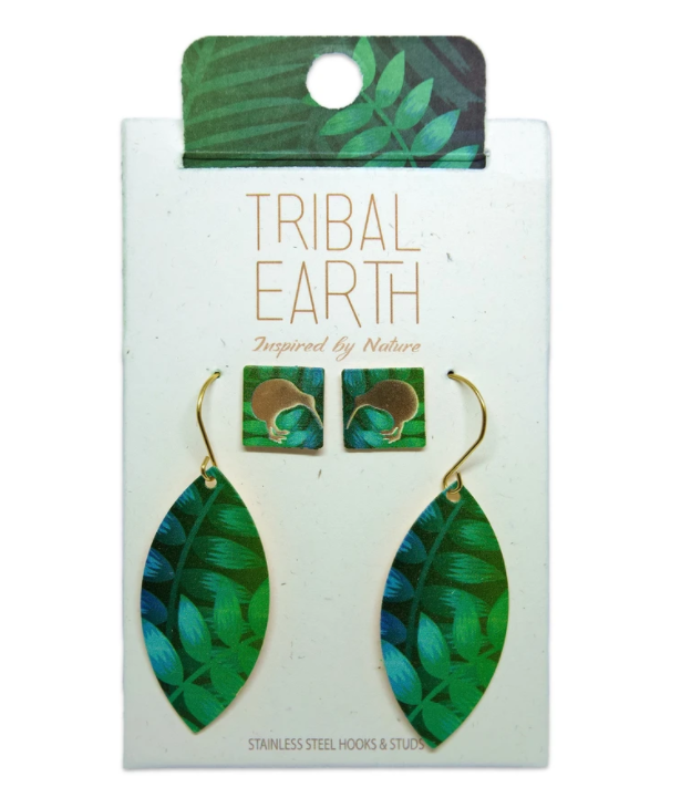 Koru Chain Drop Earrings Set, S/Steel Studs, Tribal Earth