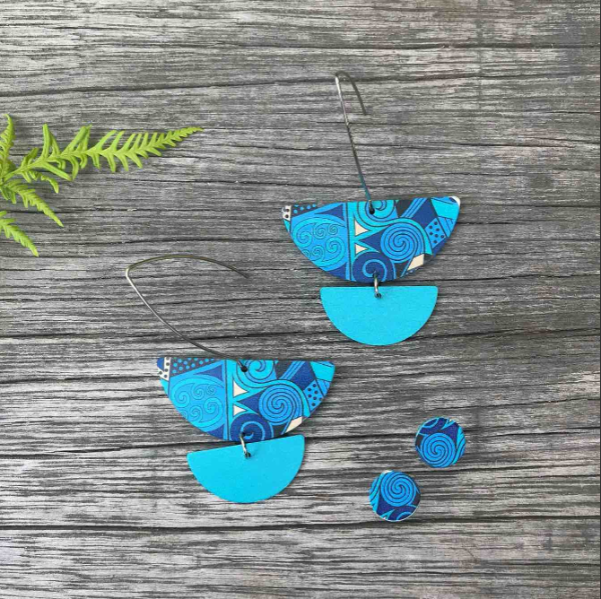 Koru Drop Earring Set, S/Steel Studs, Tribal Earth