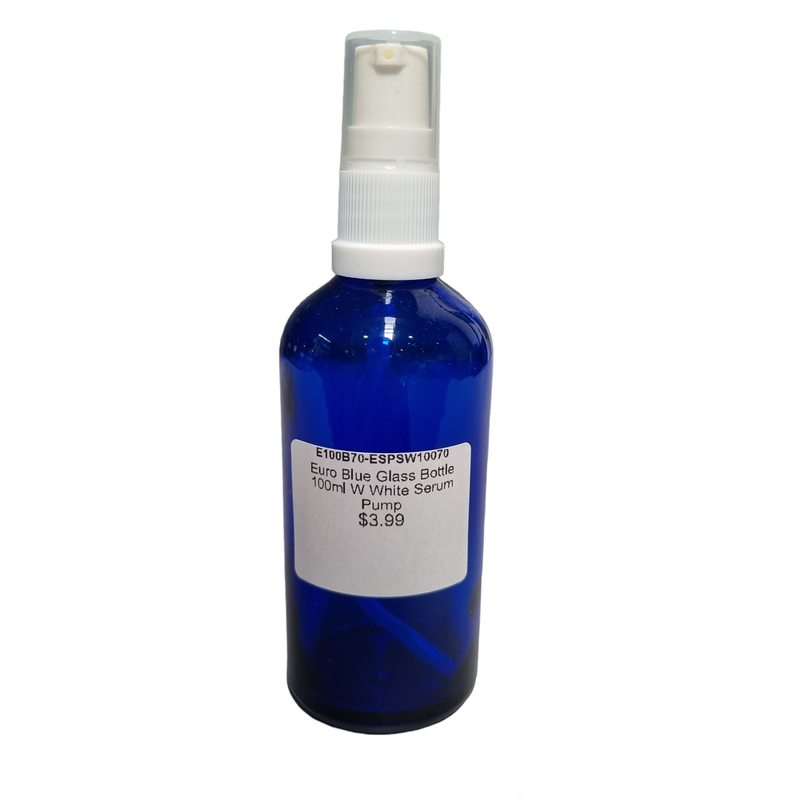 Euro Blue Glass Bottle 100ml W White Serum Pump