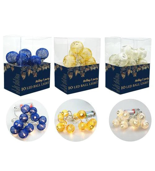 10 LED Ball Light Battery Operated. Gold Silver and Blue