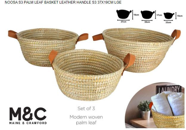 Noosa S3 Palm Leaf Round Basket Leather Handle, Large (37 x 19cm)