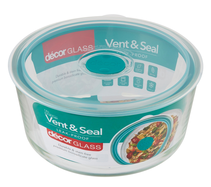 Décor Vent & Seal™ Glass Container – 1.5L Round (Teal)