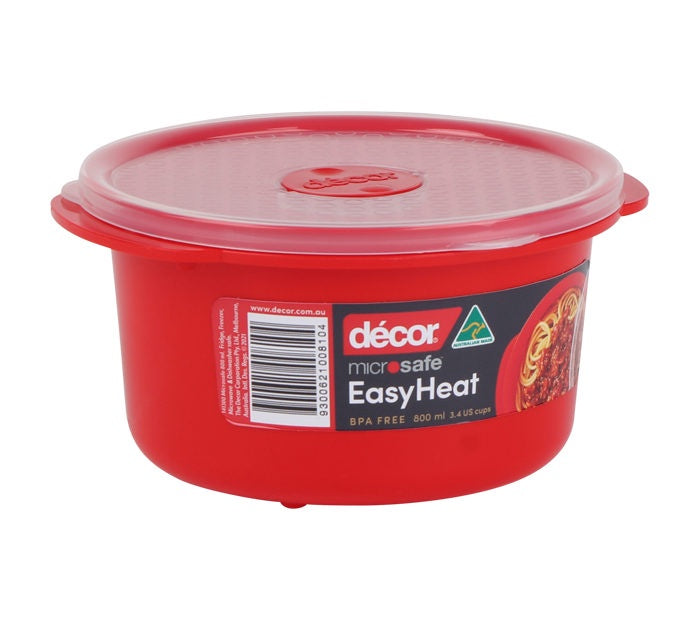 Décor Microsafe Round Microwavable Container – 800ml (Red Base, Clear Lid)