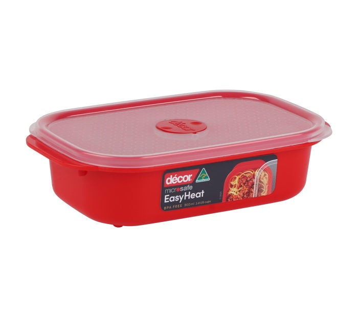 Décor® Microsafe™ Microwavable Container – Oblong 900ml (Red with Clear Lid)
