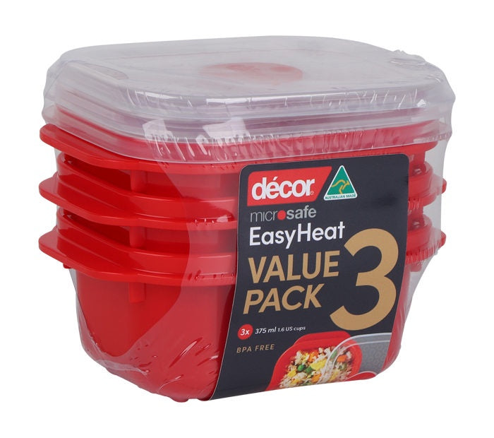 Décor Microsafe Oblong Food Container Set – 3 x 375ml (Red Base, Clear Lid)