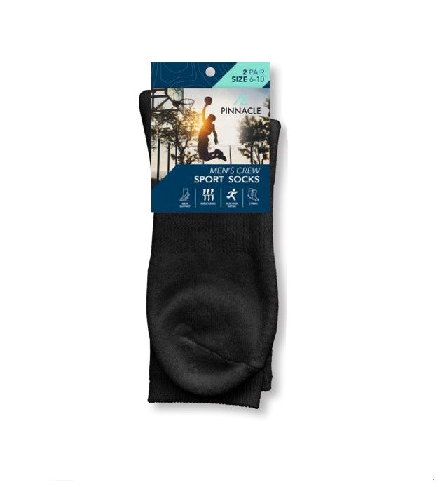 Men’s Crew  Sport Socks,  2 Pack Black, Size 11-13