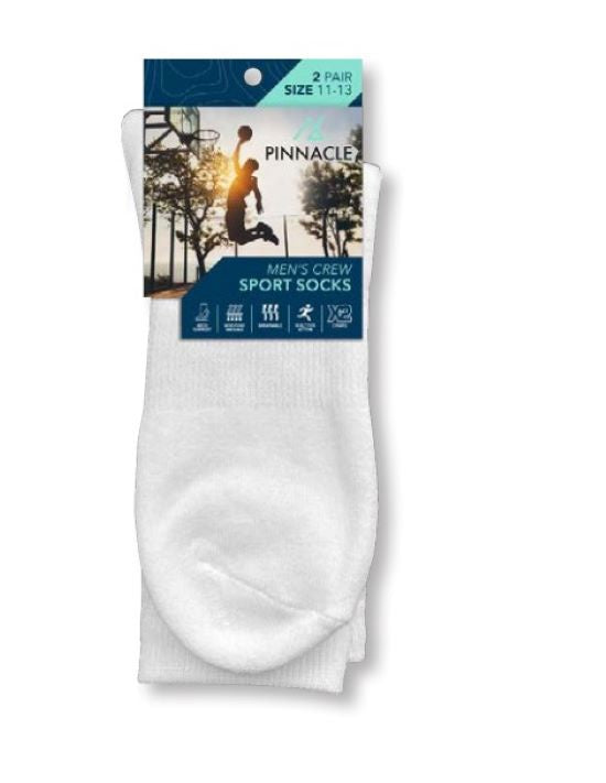 Men’s Crew  Sport Socks,  2 Pack White, Size 6-10