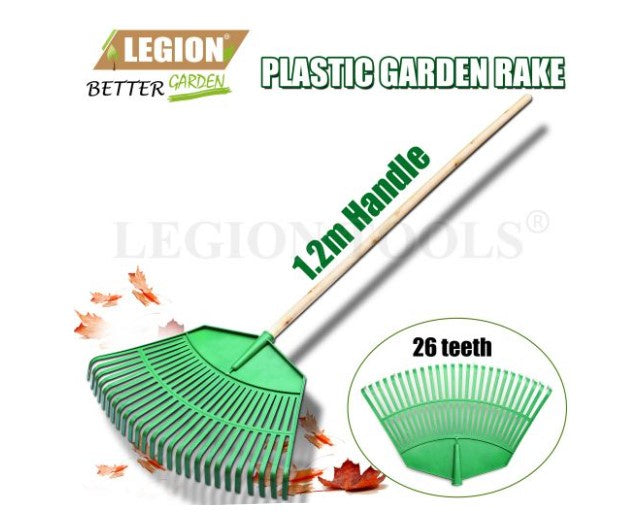 Plastic 26 Teeth Large Garden Rake & Wood Handle